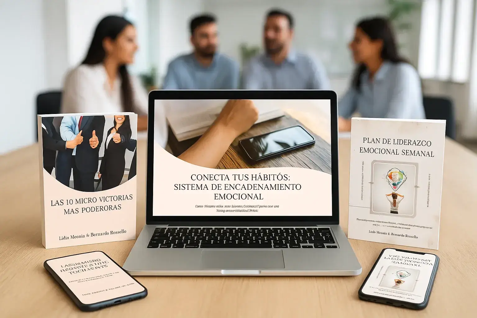 Mockup del Kit Impacto Diario con laptop, cuadernos y celulares en una reuni&oacute;n grupal